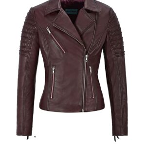Women's Burgundy Biker Motorcycle Sheepskin Leather Jacket